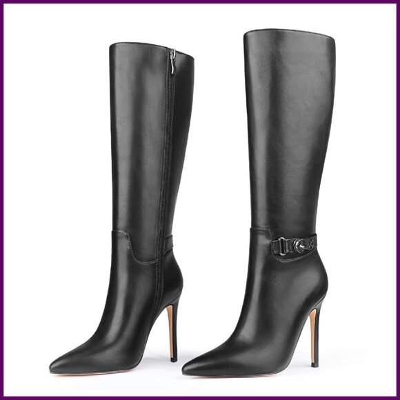 Stiletto Knee High Boots Pointed Toe Zipper Heels 10cm PU Leather